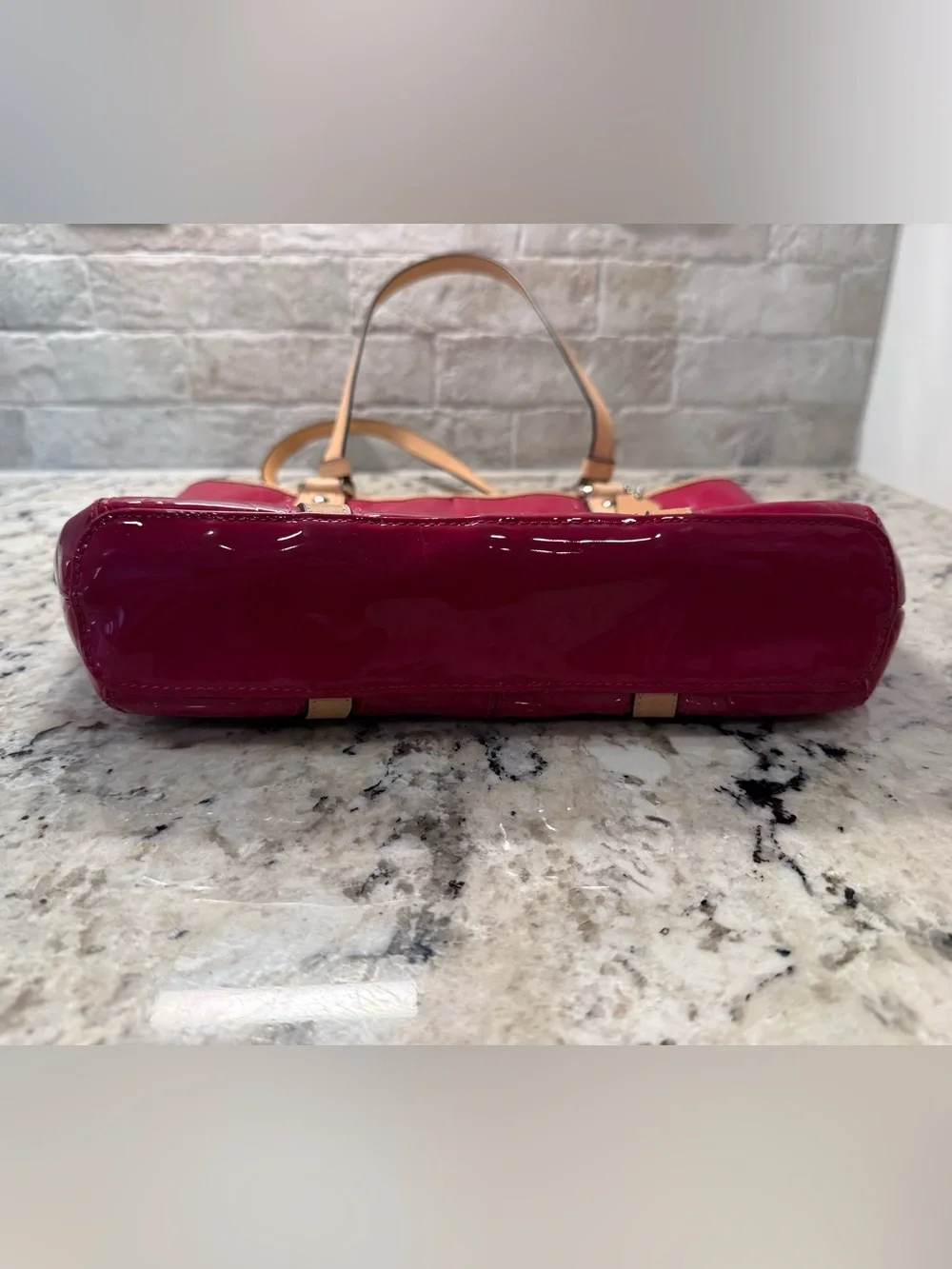 Coach EUC Raspberry Patent Leather Tote with Tan Leather Trim